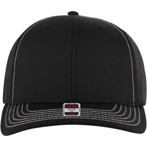 A black mid-profile trucker cap featuring a mesh back and contrasting stitching, with a logo on the front.