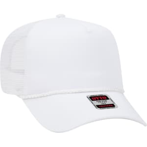 A white 5-panel mid-profile trucker cap with mesh sides and a logo label on the front.