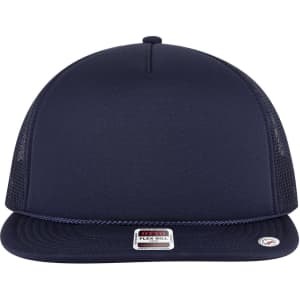 A navy 5 panel style trucker cap featuring a mesh back and a flat brim, with a logo on the front.