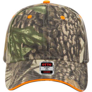 A camo-patterned baseball cap in greens and browns, featuring orange accents and a logo on the front.