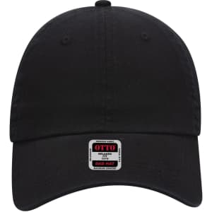 A black 6 panel low profile dad cap with a logo on the front. Features a relaxed fit and adjustable back.