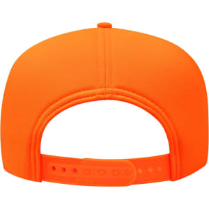 A bright orange 5 panel high crown full foam cap with a snapback adjustable strap and a logo on the back.