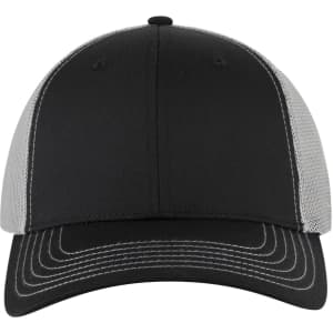 A low profile trucker cap featuring a black front and grey mesh back, with contrasting stitching and a logo.