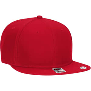 A red six-panel mid profile snapback cap with a flat brim and a branding logo.