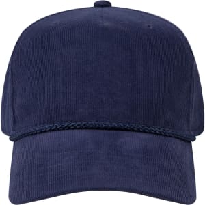 A navy blue 5 panel mid profile baseball cap featuring a braided detail and a logo on the front.
