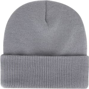 A classic grey knit beanie with a folded cuff and a smooth texture. Features a logo.