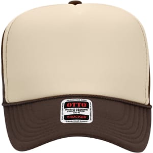 A high crown trucker cap in cream and brown with a logo on the front.