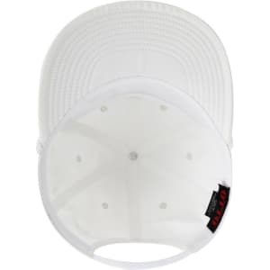 A white 5-panel snapback cap featuring a clear plastic visor and a branded label inside.