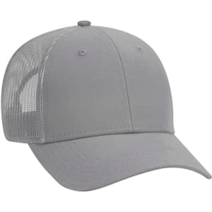 A grey 6 panel low profile trucker cap with a mesh back and a curved brim. Features a logo on the front.