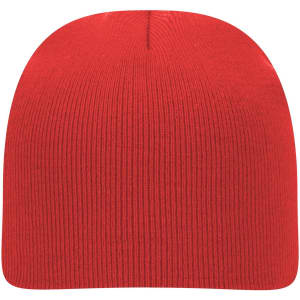 A red classic knit beanie with a fitted design and ribbed texture, featuring a branding logo.
