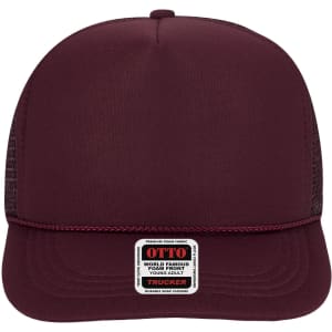 A deep burgundy 5 panel high crown trucker cap with mesh sides and a branded label on the front.