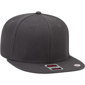 A grey 6 panel mid profile snapback cap featuring a flat brim and an adjustable snapback closure.
