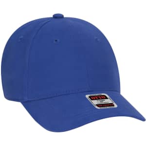A blue 6 panel low profile baseball cap with an adjustable strap and a logo on the front.