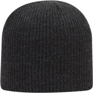 A black rib knit beanie with a snug fit and vertical ribbing, featuring a logo on the side.