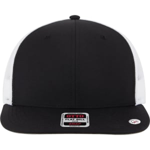 A black trucker cap with a flat bill and white mesh panels. It features a logo on the front.