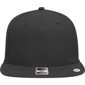A black 6 panel mid profile snapback cap with a front peak and a logo.