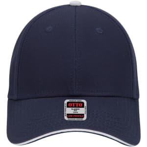 A low profile six-panel baseball cap in navy blue, featuring a label and white detailing.