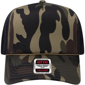A high crown mesh back trucker hat in a camouflage pattern with a branded label on the front.