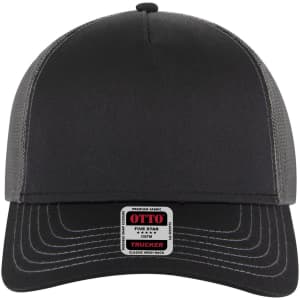 A black 5 panel low profile trucker cap with a grey mesh back and a branded label on the front.
