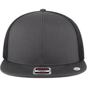 A six-panel mid-profile trucker cap in grey with a grey undervisor and mesh side panels. Features a logo.