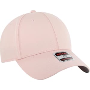 A pink 6-panel low profile baseball cap featuring a branded label on the side.