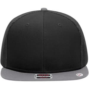 A six-panel mid-profile trucker cap in black with a grey undervisor and a logo on the front.