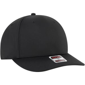 A black seamless six-panel mid-profile baseball cap featuring a logo on the front.