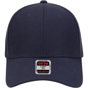 A navy 6-panel low profile baseball cap with a label on the front and a curved brim.