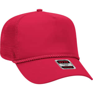 A red 5 panel mid profile trucker cap with a mesh back and a decorative trim, featuring a logo.