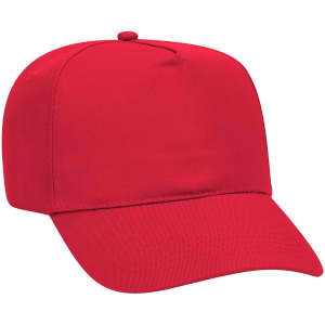 A red 5-panel mid-profile baseball cap featuring a flat brim and a structured design. It has a logo on the front.