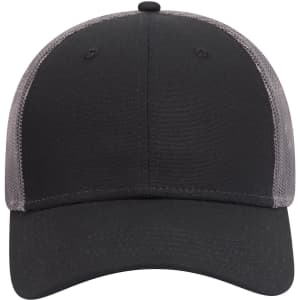A low profile trucker cap in black with grey mesh panels and a curved brim. It features a logo on the front.