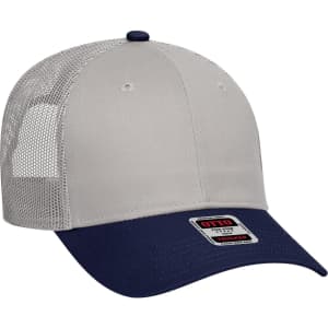 A 6 panel low profile trucker cap in grey and navy blue, featuring a mesh back and a logo on the front.