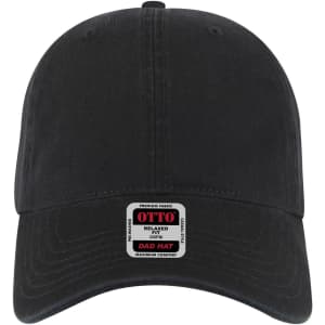 A black 6 panel low profile dad cap featuring a logo on the front. Ideal for casual wear.