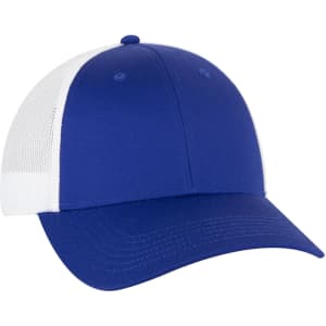 A blue and white 6 panel low profile trucker cap with a mesh back and a logo on the front.