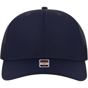 A navy mid profile trucker cap with mesh sides and a small branded logo on the front.
