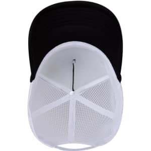 A black and white 5 Panel High Crown Air Mesh Back Trucker Hat with a structured design and mesh panels.