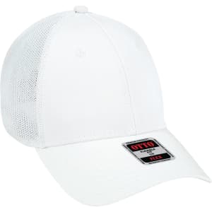 A white 6 panel low profile trucker cap with mesh sides and a branded tag on the front.