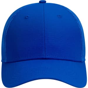 A blue 6 panel low profile trucker cap with mesh sides and a solid front panel, featuring a logo.