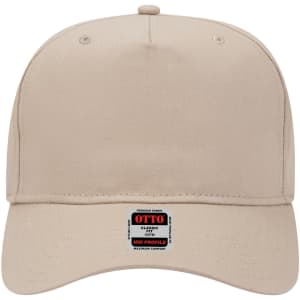 A beige 5 Panel Mid Profile Baseball Cap featuring a logo on the front.