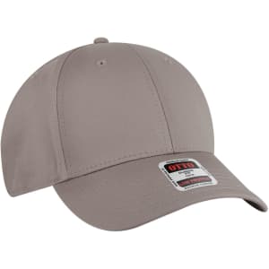 A grey 6-panel low profile baseball cap with a curved brim and a logo on the front.
