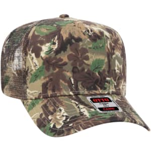 A camo-patterned 5 panel mid crown trucker cap in shades of green and brown, featuring a mesh back and a logo.