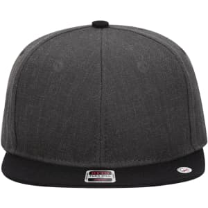 A grey snapback cap featuring a black peak and a mid-profile design. Includes a logo on the front.