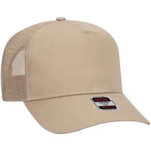 A beige 5-panel mid-profile trucker cap with a mesh back and one logo.