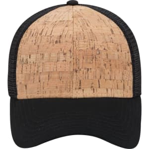 A cork and black 6 panel low profile trucker cap featuring a textured cork front and a solid black brim.