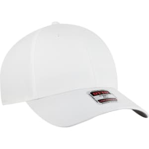 A white 6 panel low profile baseball cap with a curved brim and a branded label on the front.