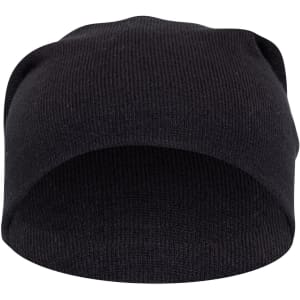 A black slouch beanie with a ribbed texture and a relaxed fit. It features a branding logo.