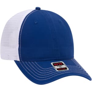 A blue and white 6 Panel Low Profile Trucker Dad Cap with a logo on the front.