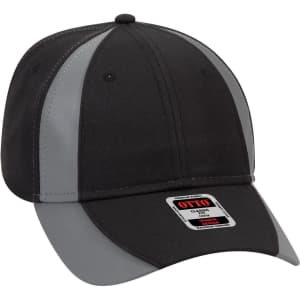 A black and grey six-panel low-profile baseball cap with a logo on the front.