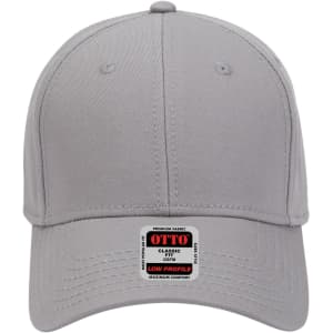 A grey 6-panel low profile baseball cap featuring a branded label on the front.