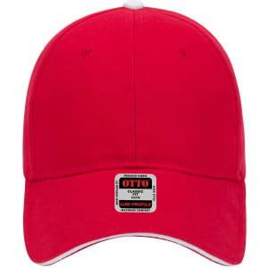 A red 6-panel low profile baseball cap with a white trim and a logo on the front.